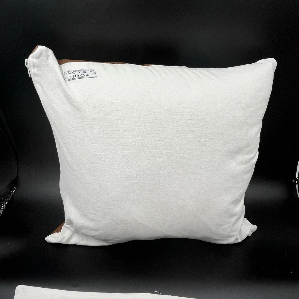 WOVEN NOOK Zulu Down Pillow  & Cover Brown White Square‎ Cotton Faux Leather